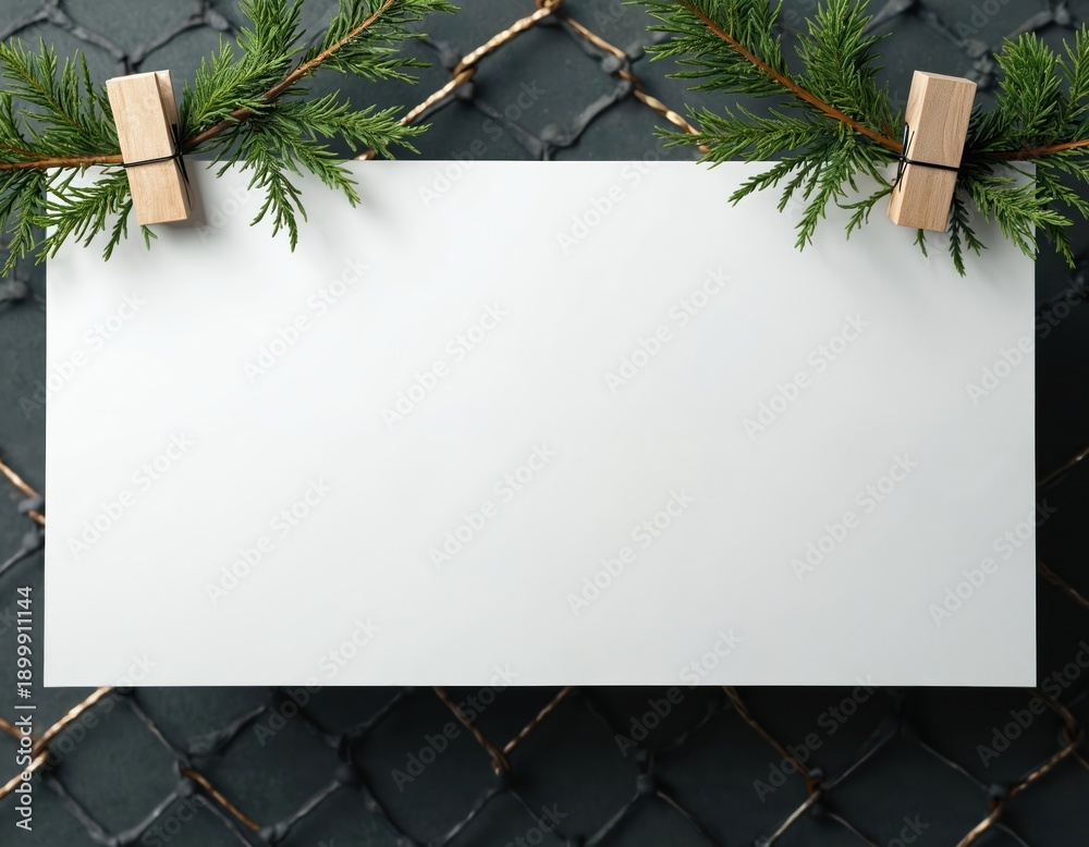 Fototapeta premium White rectangle hangs on dark grid background with green pine branches. Wooden clips attach paper. Use for notes, signs, messages, quotes, announcements.