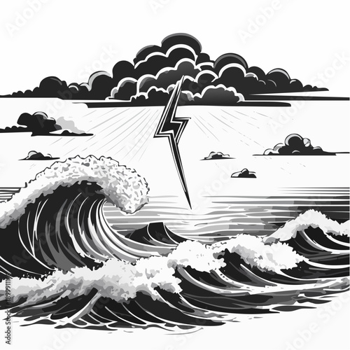 Dramatic ocean scene with a powerful lightning strike illuminating crashing waves under dark and stormy clouds