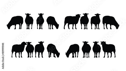 A diverse group of sheep silhouettes in various poses and formations Vector