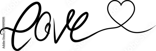 Delicate black script word love with playful heart accent in continuous line style for Valentine's romance themes