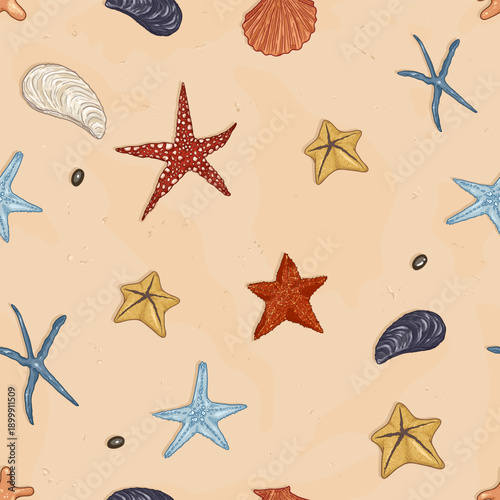 Vector Seamless Pattern of Starfish and Shells