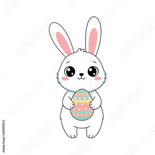 Cute white cartoon bunny with large expressive eyes holding a decorated pink and yellow Easter egg.