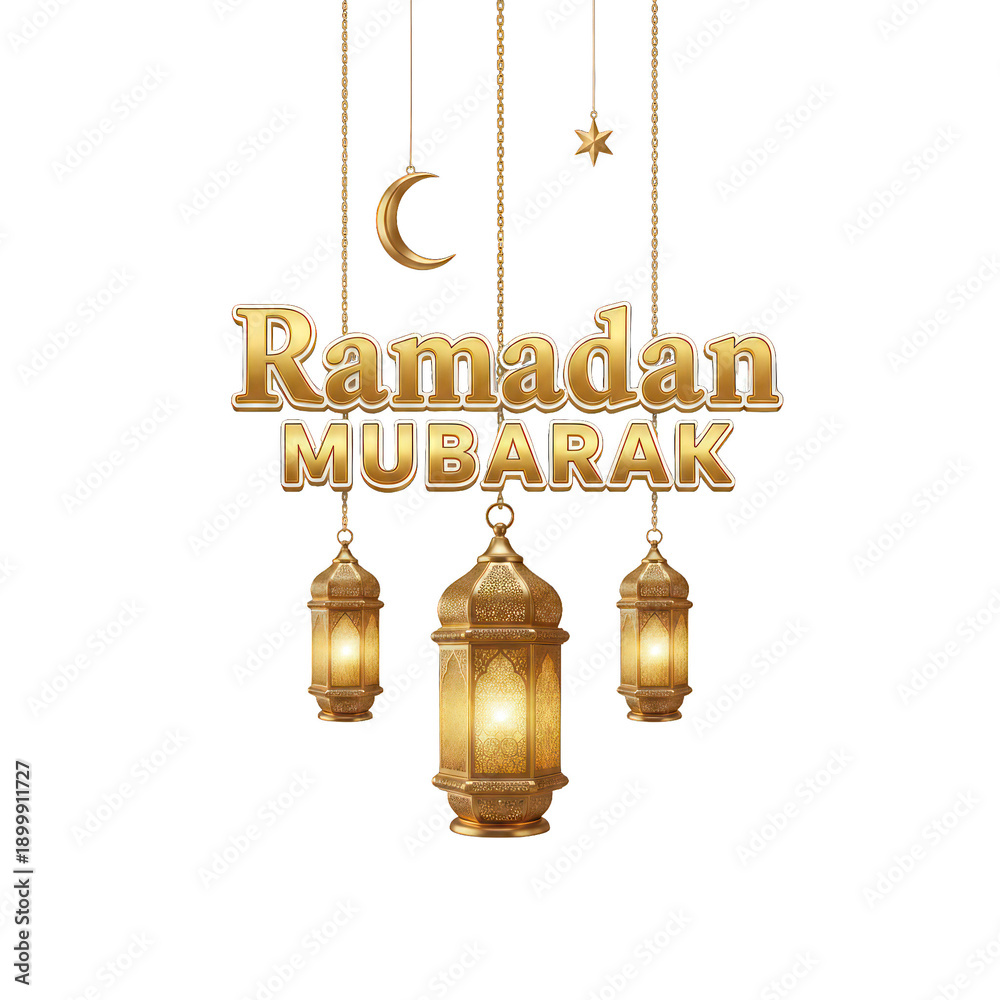Obraz premium Ramadan Mubarak Golden Lanterns Crescent Moon Star Islamic Celebration Decoration