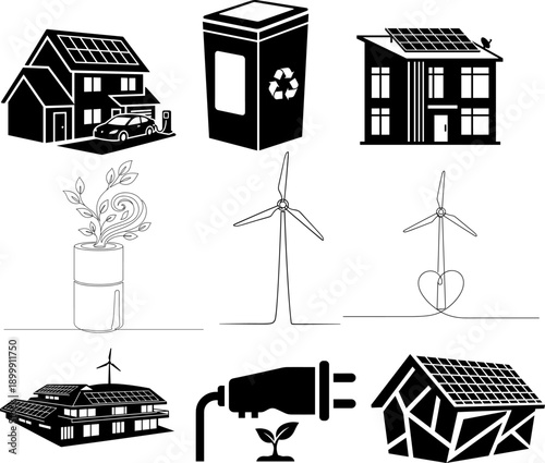 Eco-Friendly Black & White Vector Icon Set: Sustainable Energy Solutions, featuring Solar Panels on Homes, Electric Car Charging Stations, Wind Power, and Recycling Symbols.