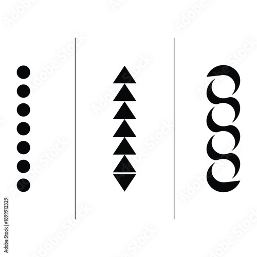 Three distinct patterns of black dots and symbols arranged in vertical columns isolated on white background, Vector