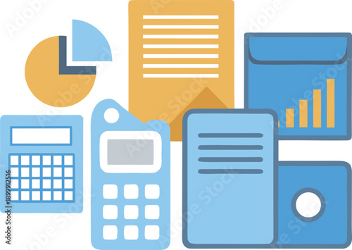 A colorful illustration of business and finance related items, including a calculator, phone, and charts. Vector, illustration