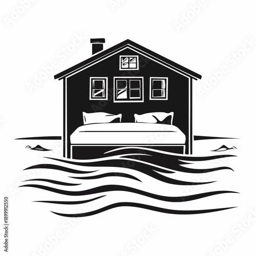 Submerged bedroom flooded with water shows indoor disaster and property damage from overflowing floodwaters and financial loss