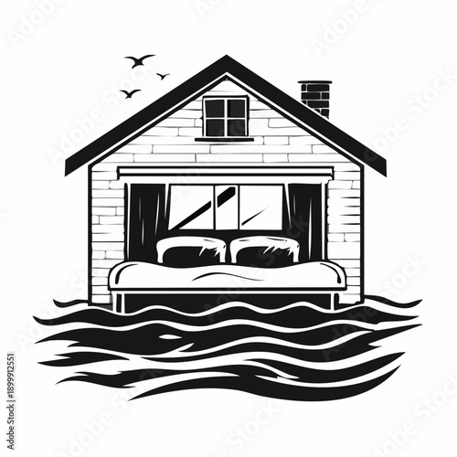 Submerged bedroom flooded with water shows indoor disaster and property damage from overflowing floodwaters and financial loss