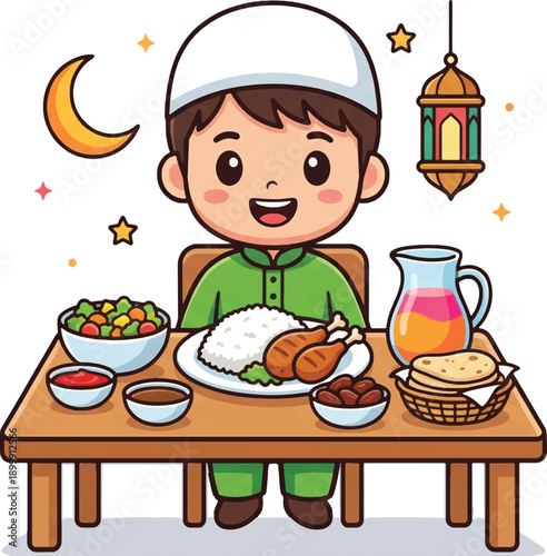 Cute Muslim Boy Sitting at Iftar Table with Traditional Food