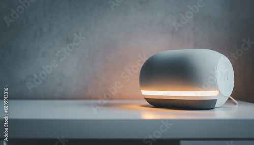 Modern home technology for mental health clean air purifier device on white table promoting calm feeling and well being in minimalist room