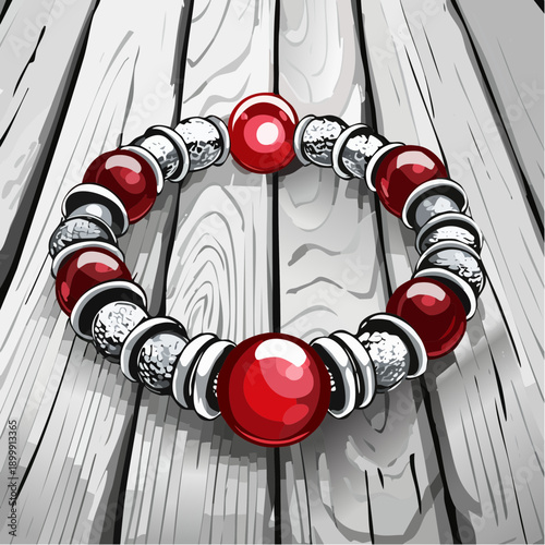 Unique handcrafted bracelet featuring silver and deep red stones on textured wooden background