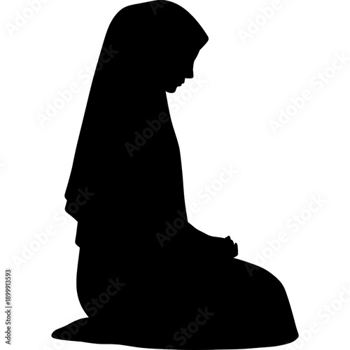 Muslim Woman Kneeling in Prayer, Islamic Salat Silhouette for Ramadan Concept