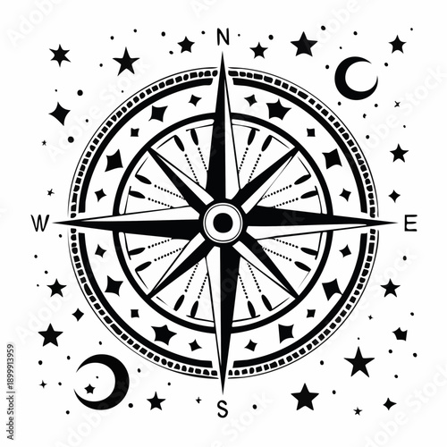 Mystical illustration of a compass with stars, moon, and decorative elements
