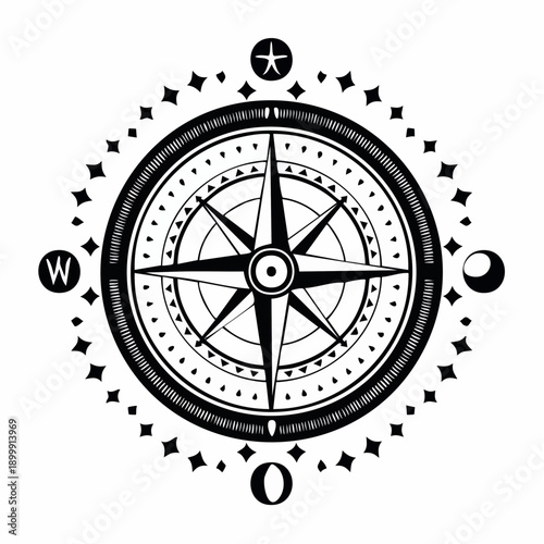 Mystical illustration of a compass with stars, moon, and decorative elements