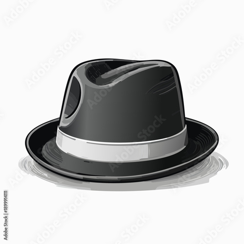 A stylish dark trilby hat with a light band accents the brim in a simple fashion design illustration
