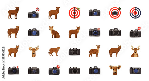 Deer and Camera Icons Set Illustration.