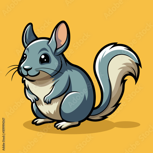 Cartoon chinchilla with fluffy tail illustration on yellow background