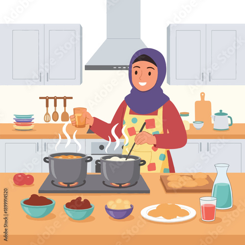 Woman wearing apron and headscarf cooking.