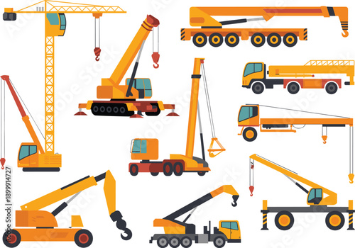 Construction crane vehicles vector collection featuring tower mobile truck cranes heavy lifting machinery for industrial building sites illustration