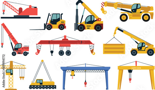 Construction machinery illustration set featuring cranes forklifts loaders gantry cranes heavy equipment vehicles isolated on white background vector industrial collection