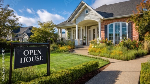 Open House signage on a well-kept lawn beside a sunny residential porch