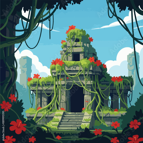 Ancient Temple Overgrown with Vines and Flowers.