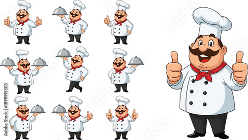 Funny cartoon chef character set with multiple poses holding tray thumbs up flat vector for restaurant mascot branding design projects
