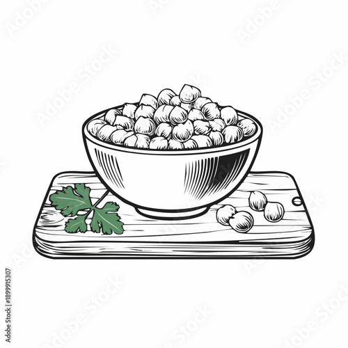 Golden roasted chickpeas in ceramic bowl, garnished with parsley, displayed on a wooden cutting board, healthy snack idea.