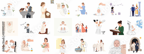 Flat vector illustrations of Christian baptism and christening ceremonies, featuring infants, parents, priests, religious symbols, holy water, and celebratory traditions.