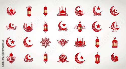 Islamic Symbols and Icons Set Red.