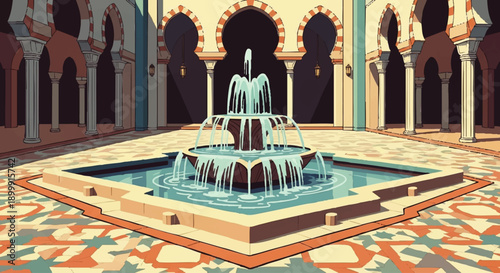 Ornate Fountain in Courtyard with Arches.
