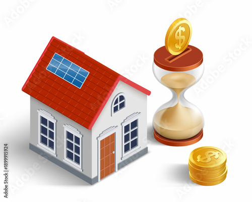 House model and hourglass piggy bank, golden dollar coins. Isometric projection isolated on white background. Vector illustration.