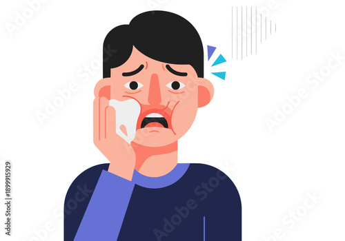 A worried man clutches a tooth, experiencing toothache. Flat vector illustration for Toothache Day. Expresses pain and discomfort.