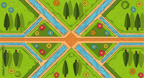 Symmetrical Park Design with Water Features.