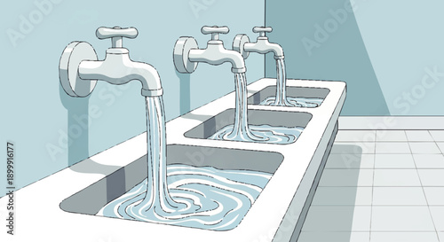 Three Faucets with Running Water Illustration.