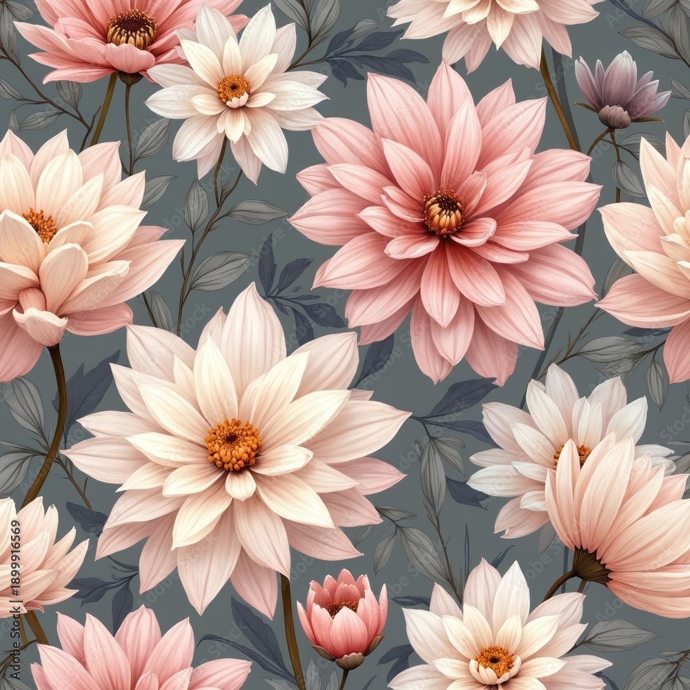 Fototapeta premium Pale pink and cream dahlias with dark leaves repeat in a floral pattern. This illustration shows blooming flowers and buds. Botanical artwork for fabric or wallpaper.