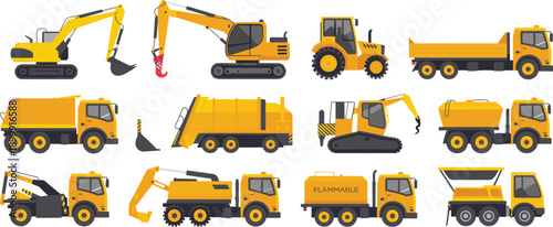 Heavy construction vehicles vector collection featuring excavators dump trucks loaders tankers and machinery for industrial engineering building projects illustration
