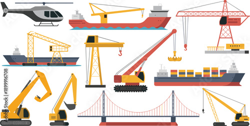 Industrial construction and transportation vector set with cranes ships excavators helicopters bridge cargo vessels heavy engineering machinery illustration