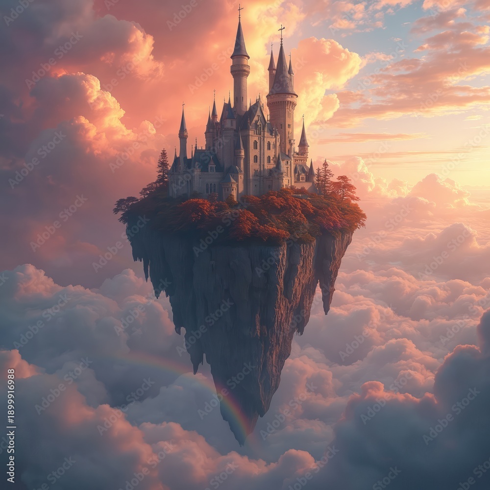 Fototapeta premium Majestic castle rests on floating island high in sky. Colorful clouds and rainbow surround ethereal architecture. Dreamlike scene inspires wonder and imagination.