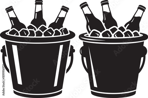 Two black silhouette buckets filled with ice and bottles of beer, isolated on white background