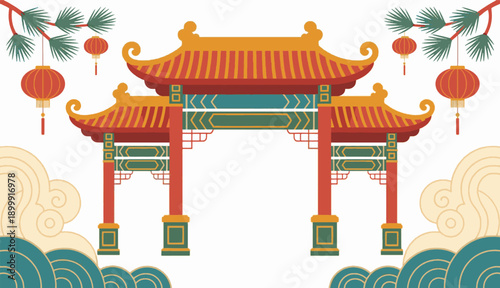 Traditional Chinese Pagoda Gate with Red Lanterns, Pine Branches, and Oriental Cloud Patterns