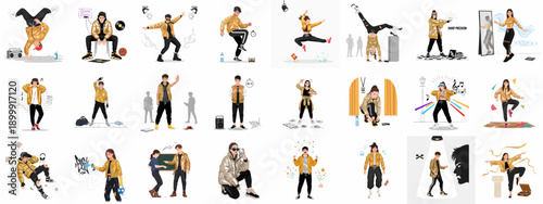 Dynamic Illustrations of Youth Culture, Street Dance, Hip-Hop Performance, Practice, and Urban Lifestyle Scenes Collection