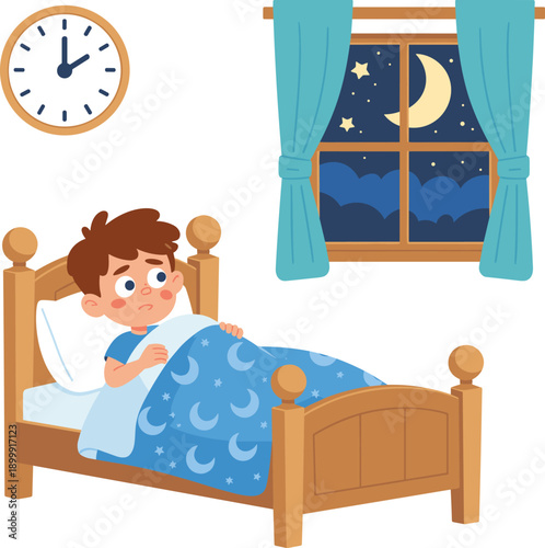 Worried boy lying awake in bed at night, insomnia, sleepless child, night anxiety, bedtime fear, nighttime worry, restless sleep