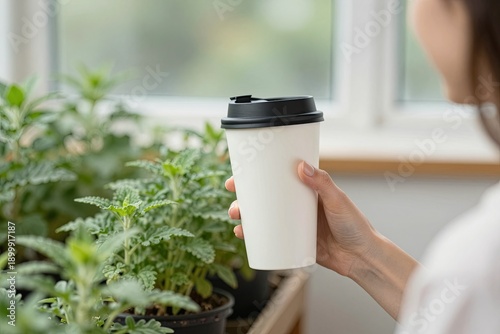 A man holding a white disposable coffee cup with a black lid stands in front of a window surrounded by lush greenery