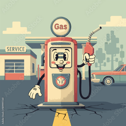 Cartoon gas pump character smiling.