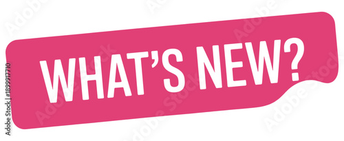 Bright pink speech bubble displays the question what s new in bold white text