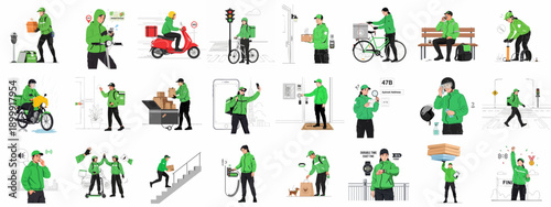 Comprehensive collection of delivery courier illustrations covering daily operations, urban logistics, transportation, customer service, and job challenges in fast package delivery.