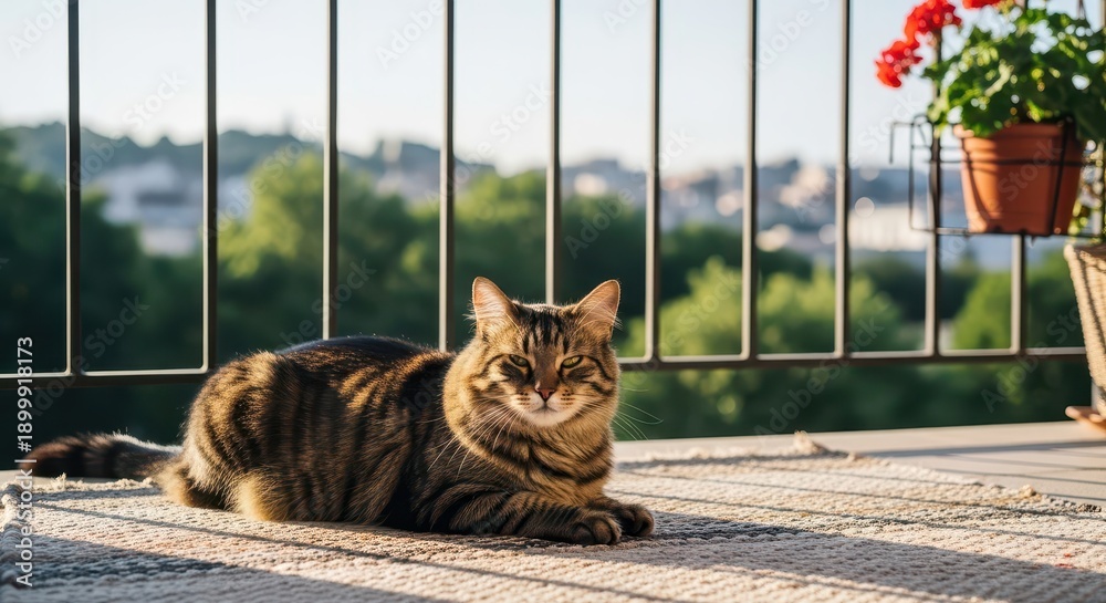 Fototapeta premium Feline companion relaxes on a sunlit balcony overlooking a distant cityscape and greenery.