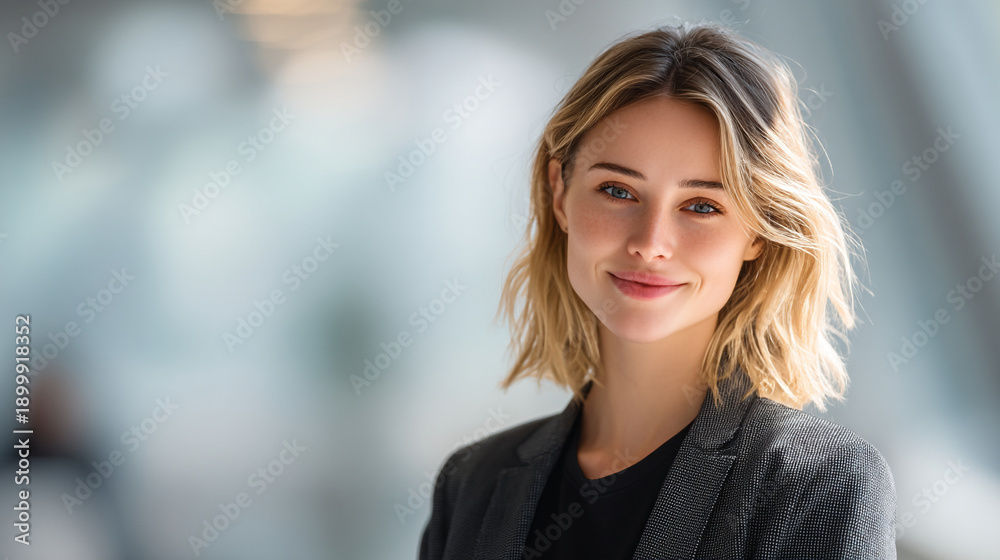 Obraz premium Happy young businesswoman with blonde hair and blue eyes smiling warmly, captured in a modern blurred office background.