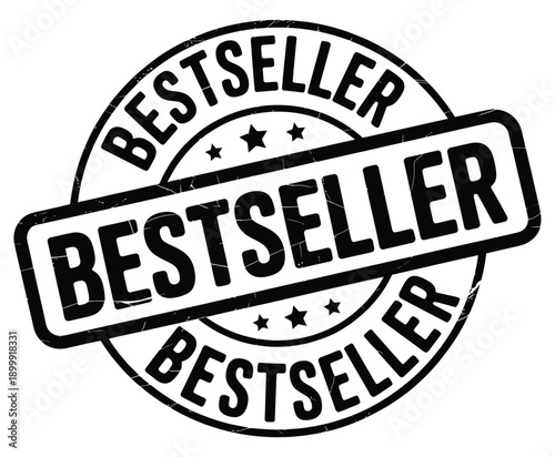 A circular bestseller badge with a rectangular label inside black and white